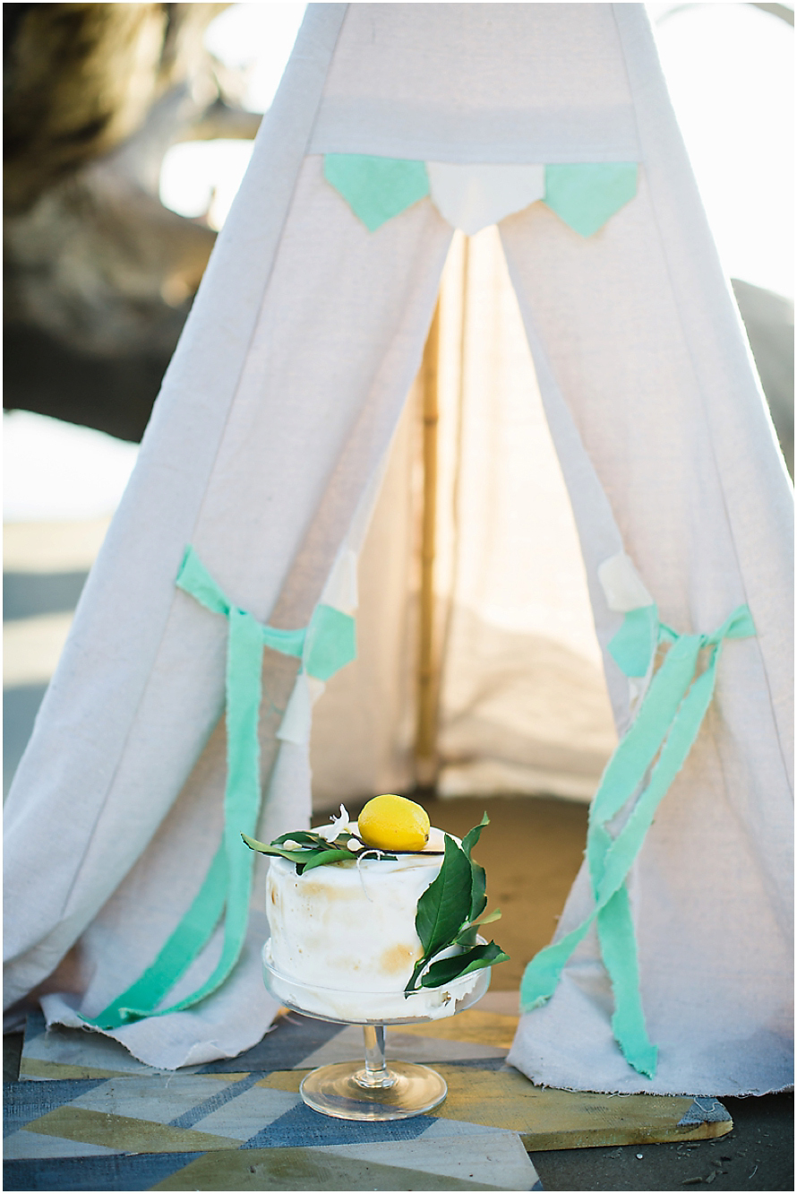 lemon meringue cake beach wedding teepee