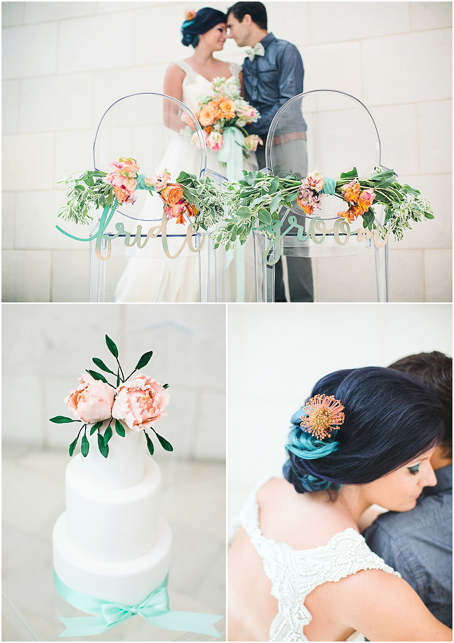 Watercolor Wedding Inspiration Sugar Flower Wedding Cake Blue Hair Bride
