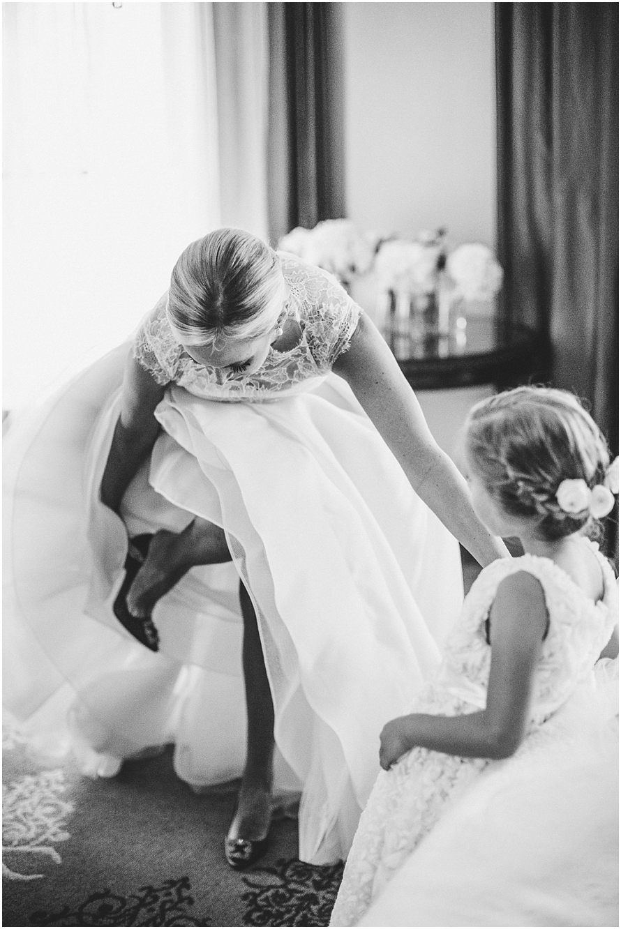 Black and white wedding photography bride flower girl