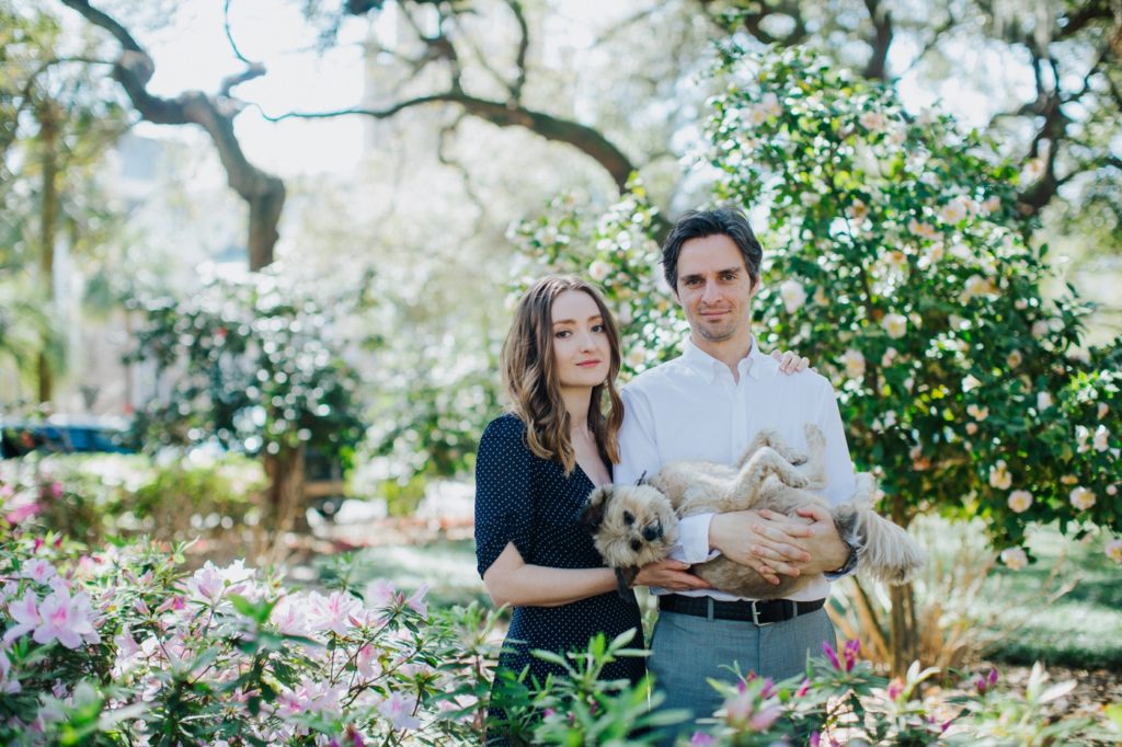 Engagement session featuring Monica and Tal’s dog in Savannah, Georgia