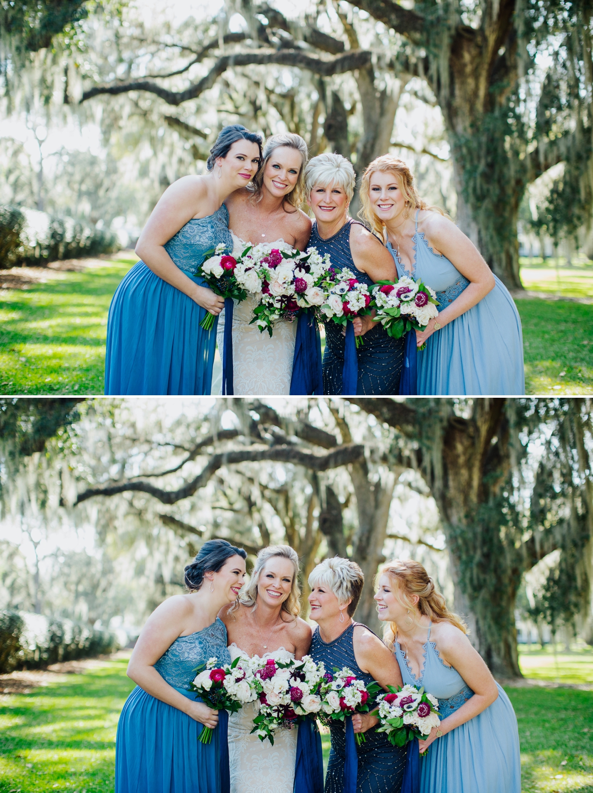 Bridesmaids in blue gowns with white and red flowers