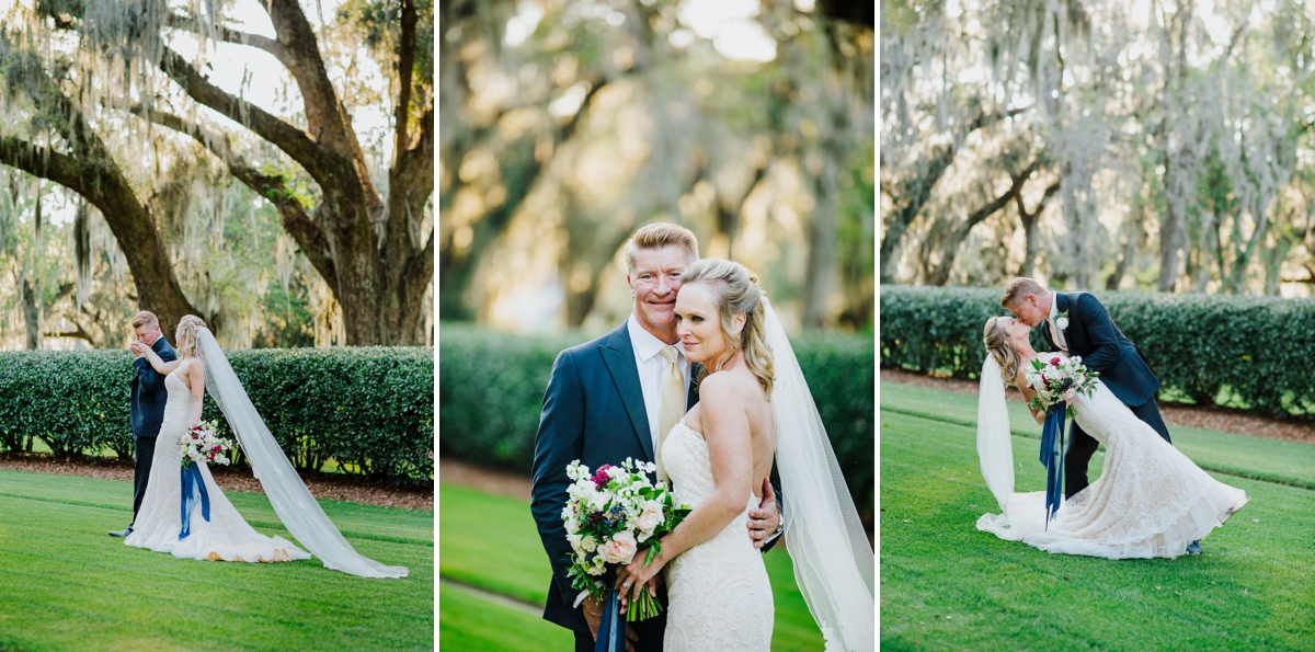 Bride and groom portraits at Ford Field and River Club under oak trees