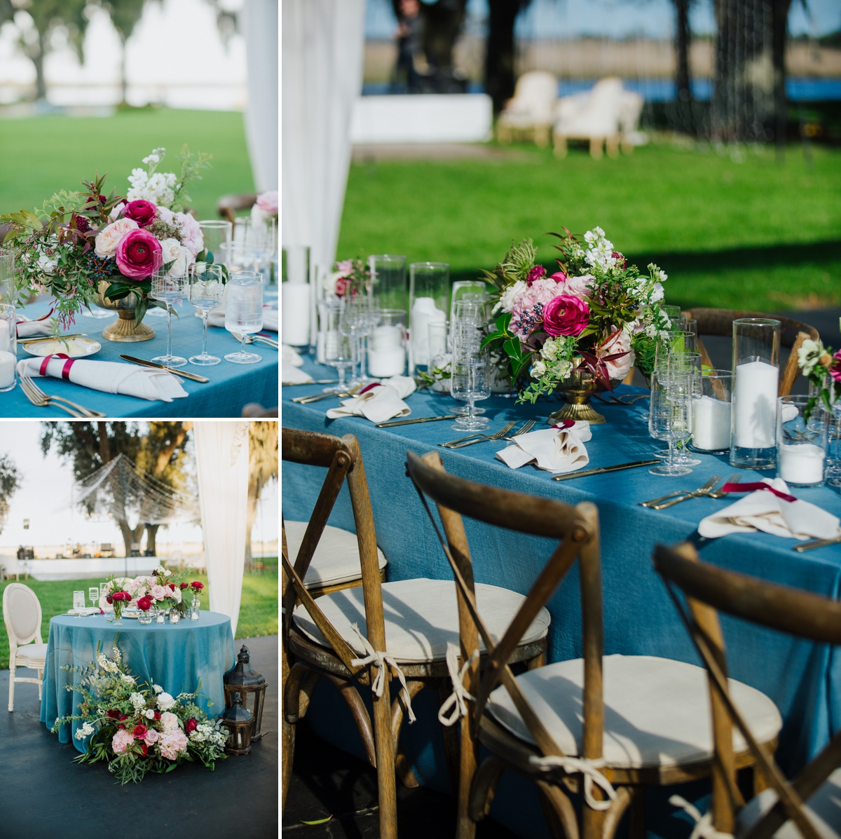 Wedding reception at Ford Field and River Club with tables in blue velvet linens and pink flowers