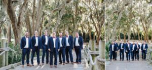 Groom and groomsmen in navy suits with red, white and blue bowties - Savannah Wedding Photography by Izzy Hudgins Photography