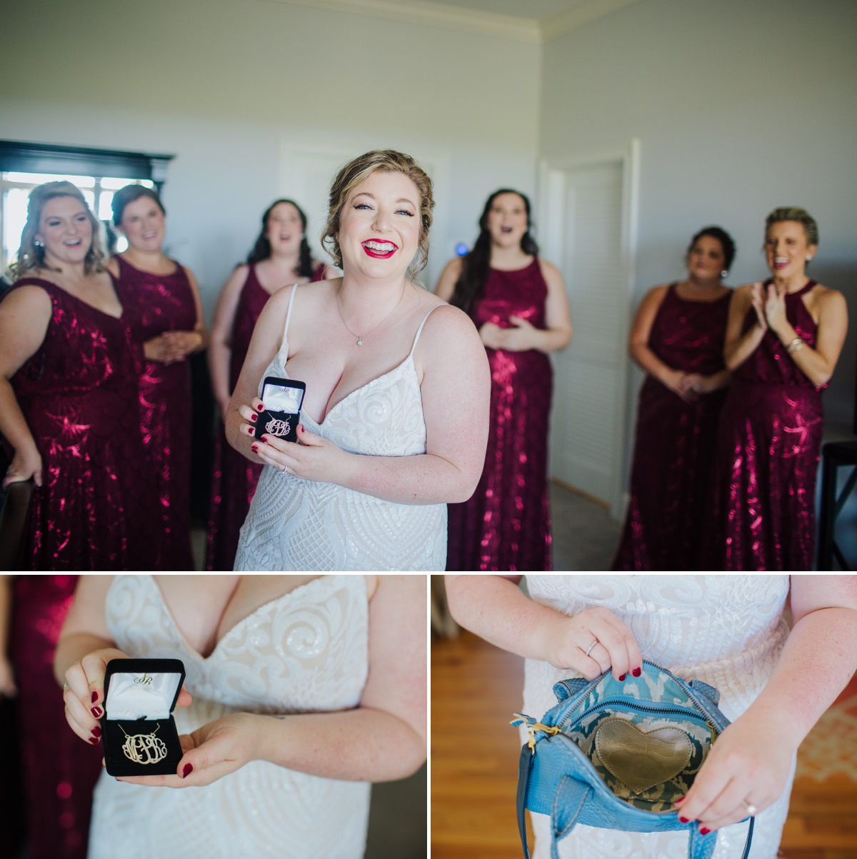 Bridesmaids in burgundy sequin gowns - Izzy Hudgins Photography