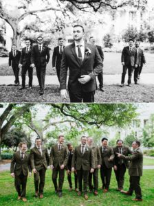 Groom and groomsmen in olive suits from Mens Warehouse