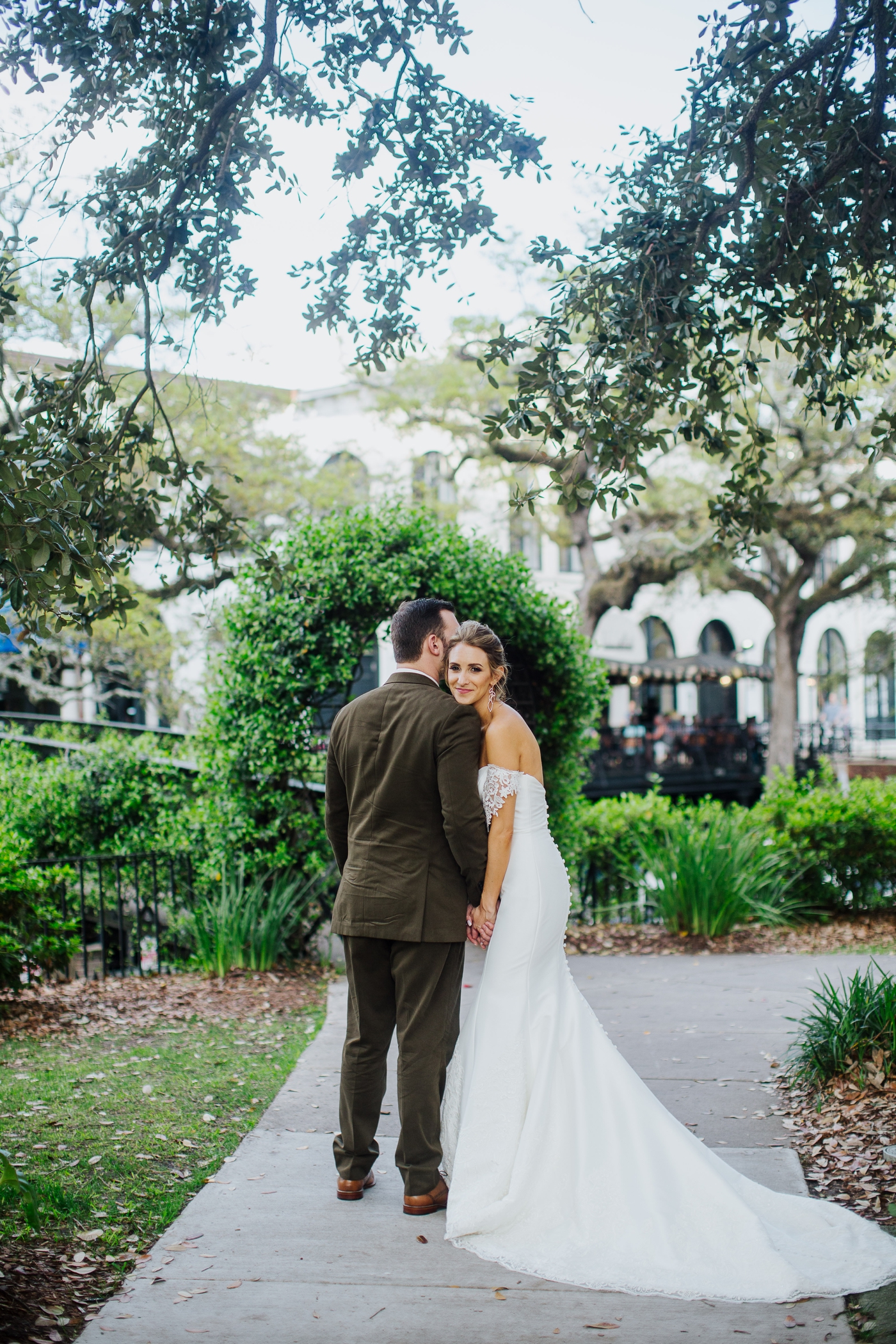 Bride and groom portraits in front of the Jepson Museum in Savannah, Georgia