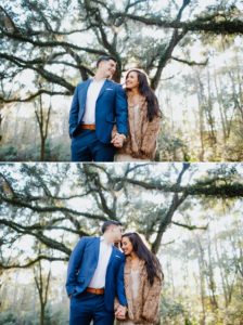 Carly wearing a velvet dress and fur for her Wormsloe engagement session