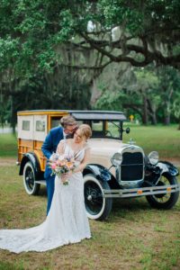 Bride and Groom portraits with a Vintage Ford Woody