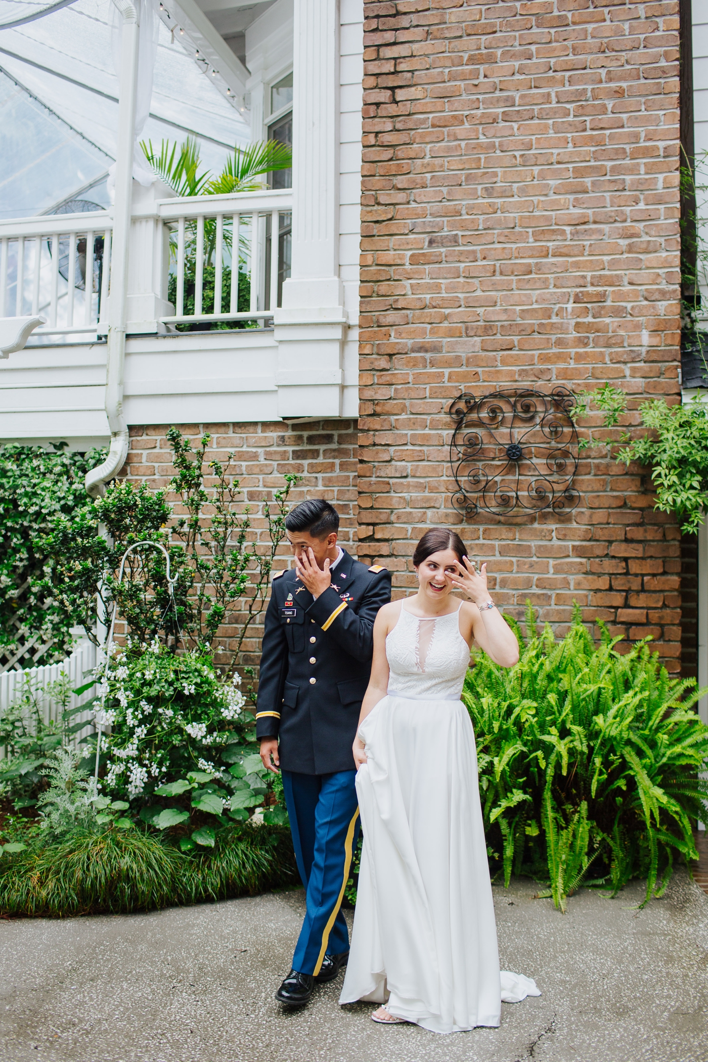 Bride and groom first look at The Mackey House in Savannah