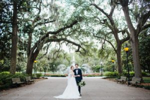 Bride and groom portraits at Forsyth Fountain in Savannah