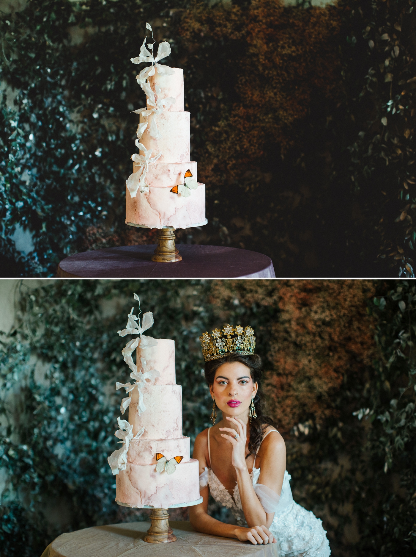 Blush and cream textured wedding cake with butterfly details by Vanilla And The Bean | Izzy and Co.