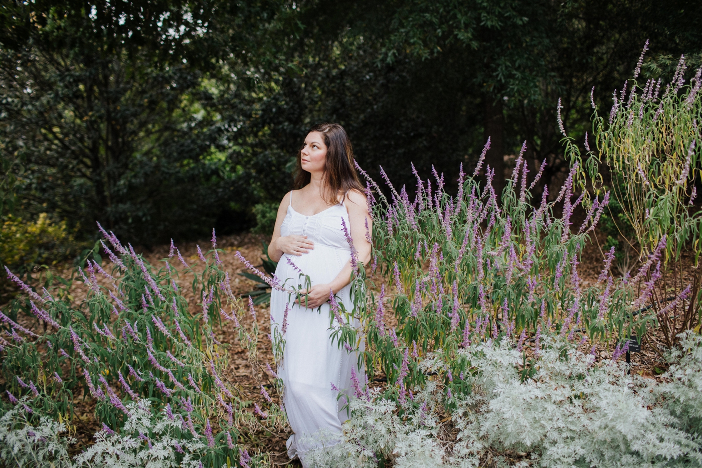 Maternity session in a white dress at UGA Botanical Gardens - Savannah and Atlanta Maternity Photographer | Izzy and Co.