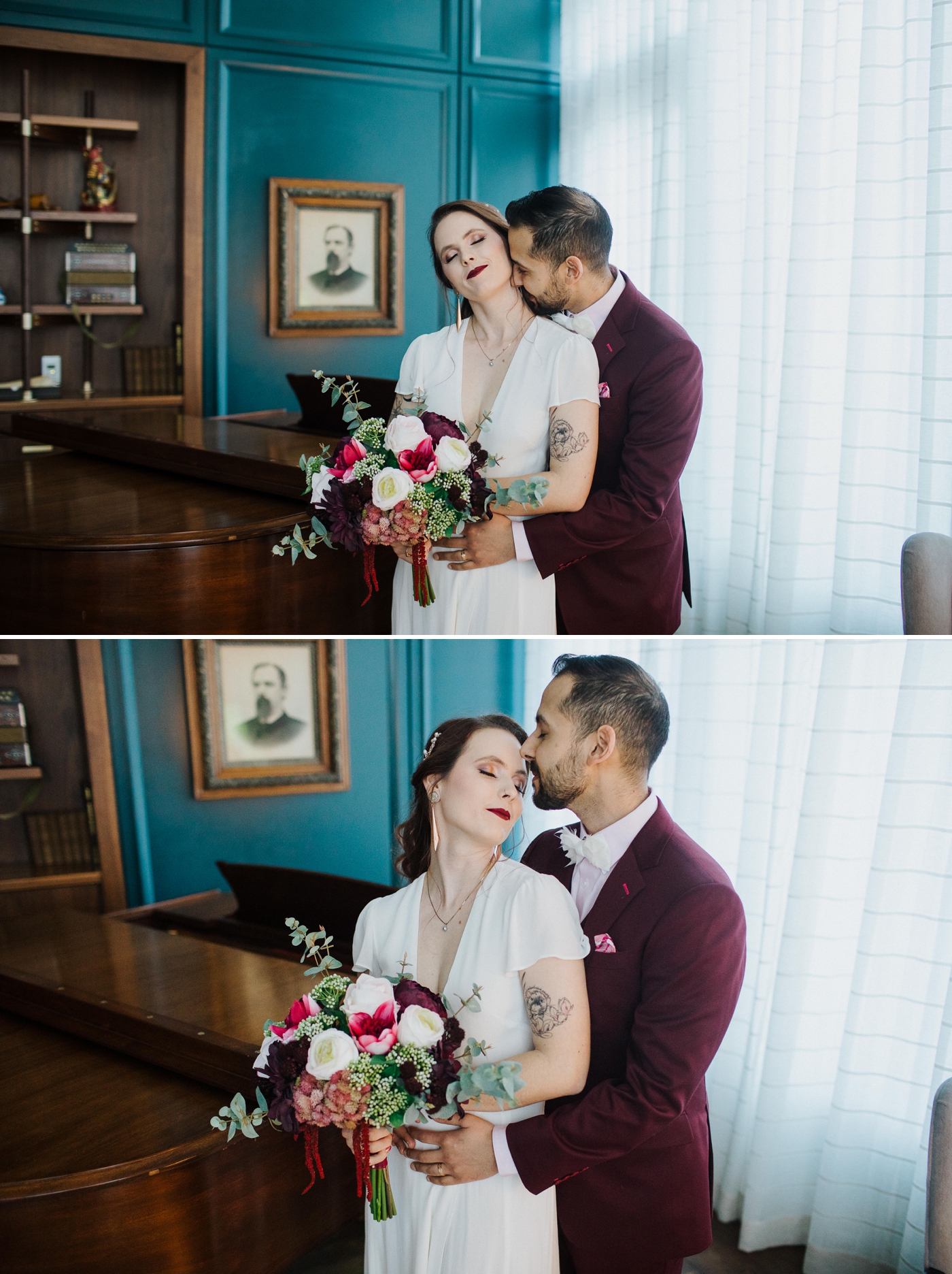 Bride in a chiffon wedding gown from Reformation