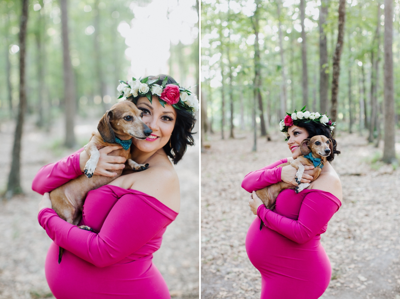 Maternity session with a hot pink dress and flower crown 