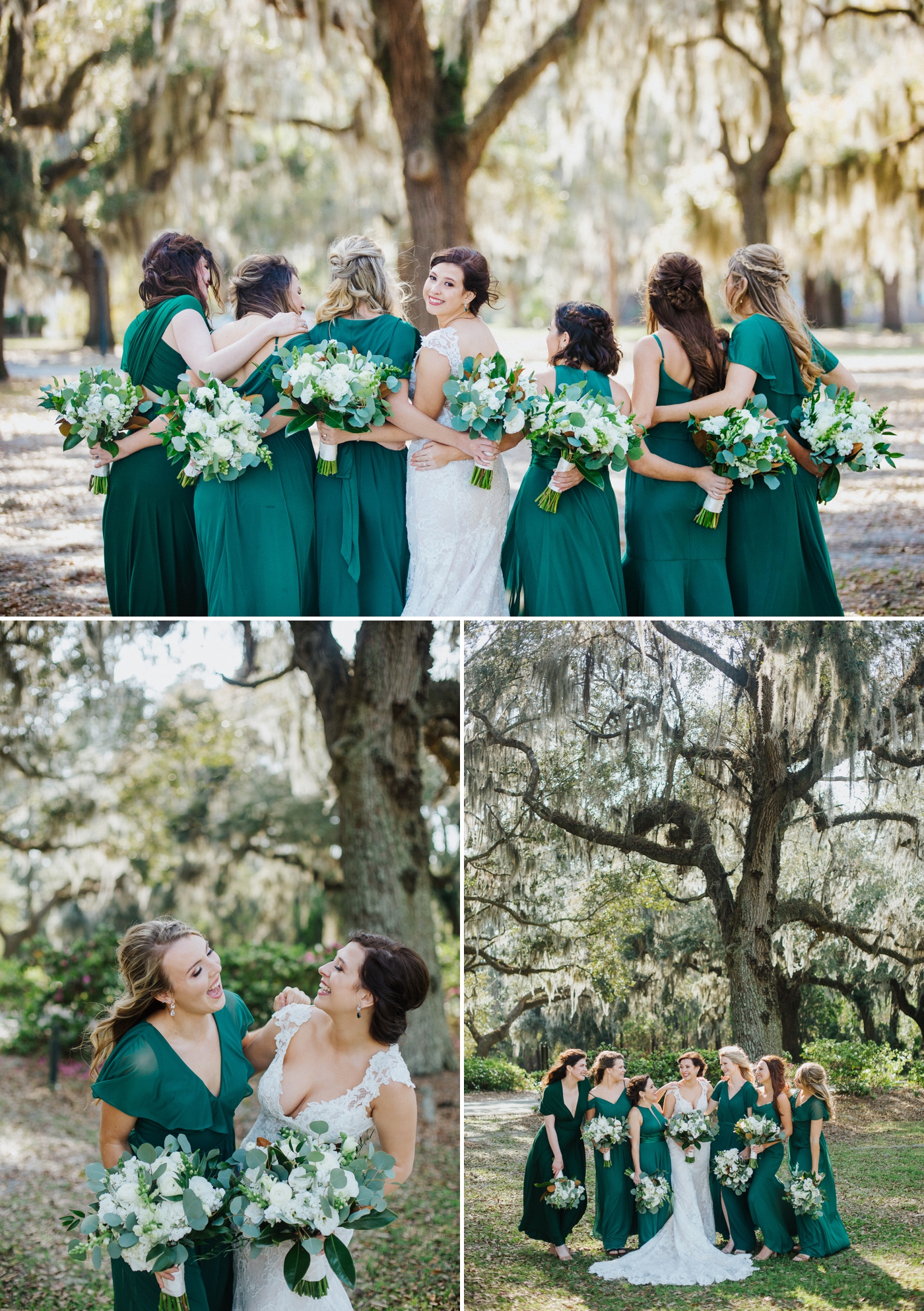 Bridesmaids in emerald green gowns