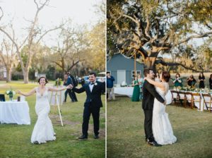 Outdoor wedding reception at Bethesda Academy with green and gold decor