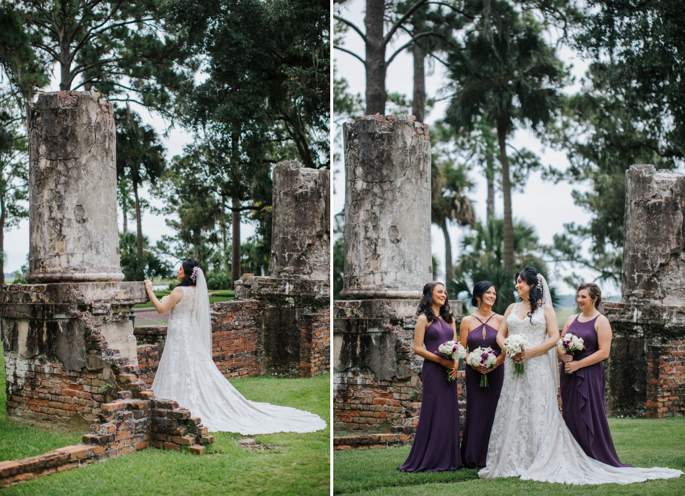 Bridesmaids in purple gowns