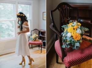 Marigold and greenery bridal bouquet with roses and dahlias
