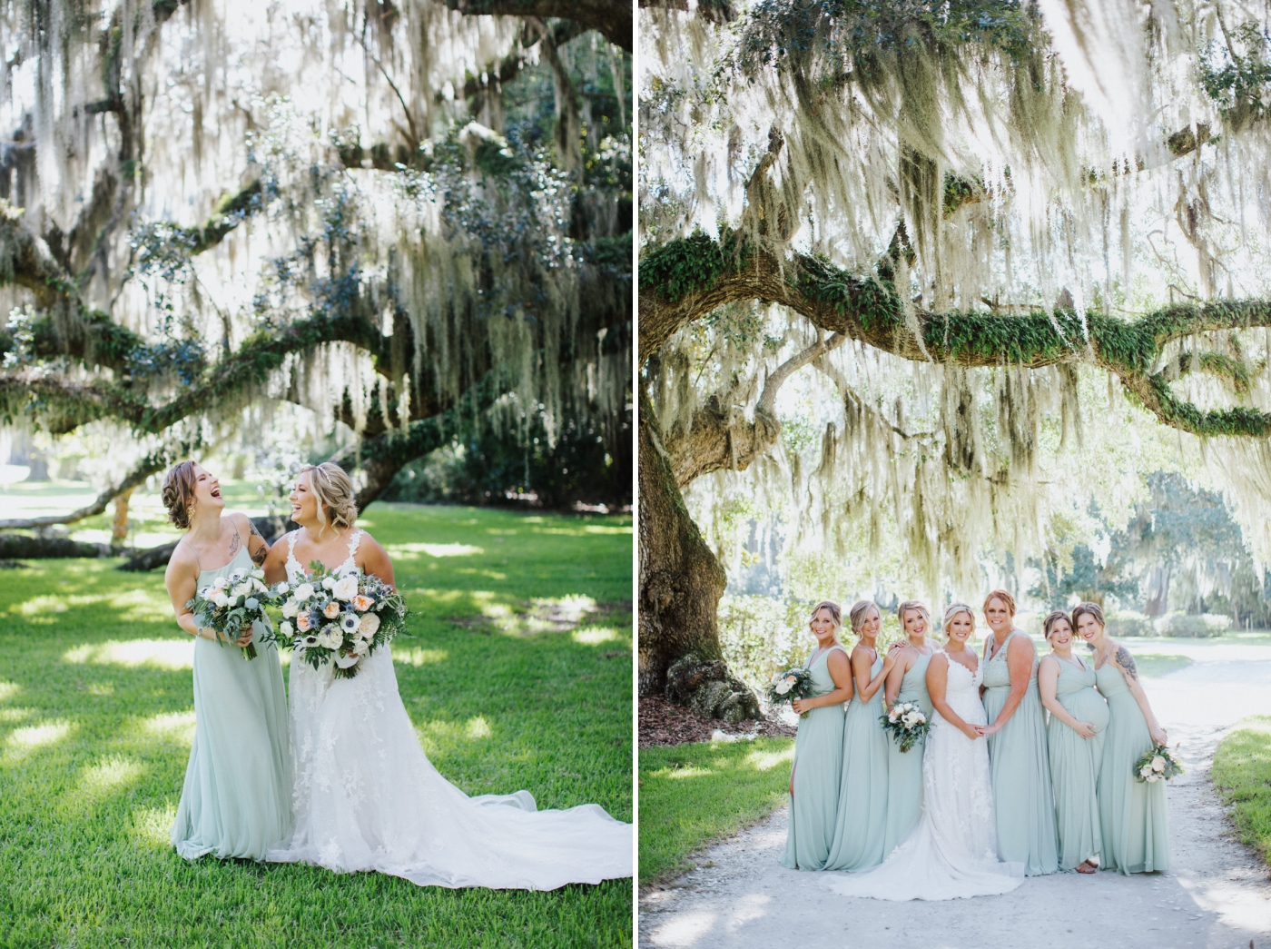 Bridesmaids in mint green chiffon gowns