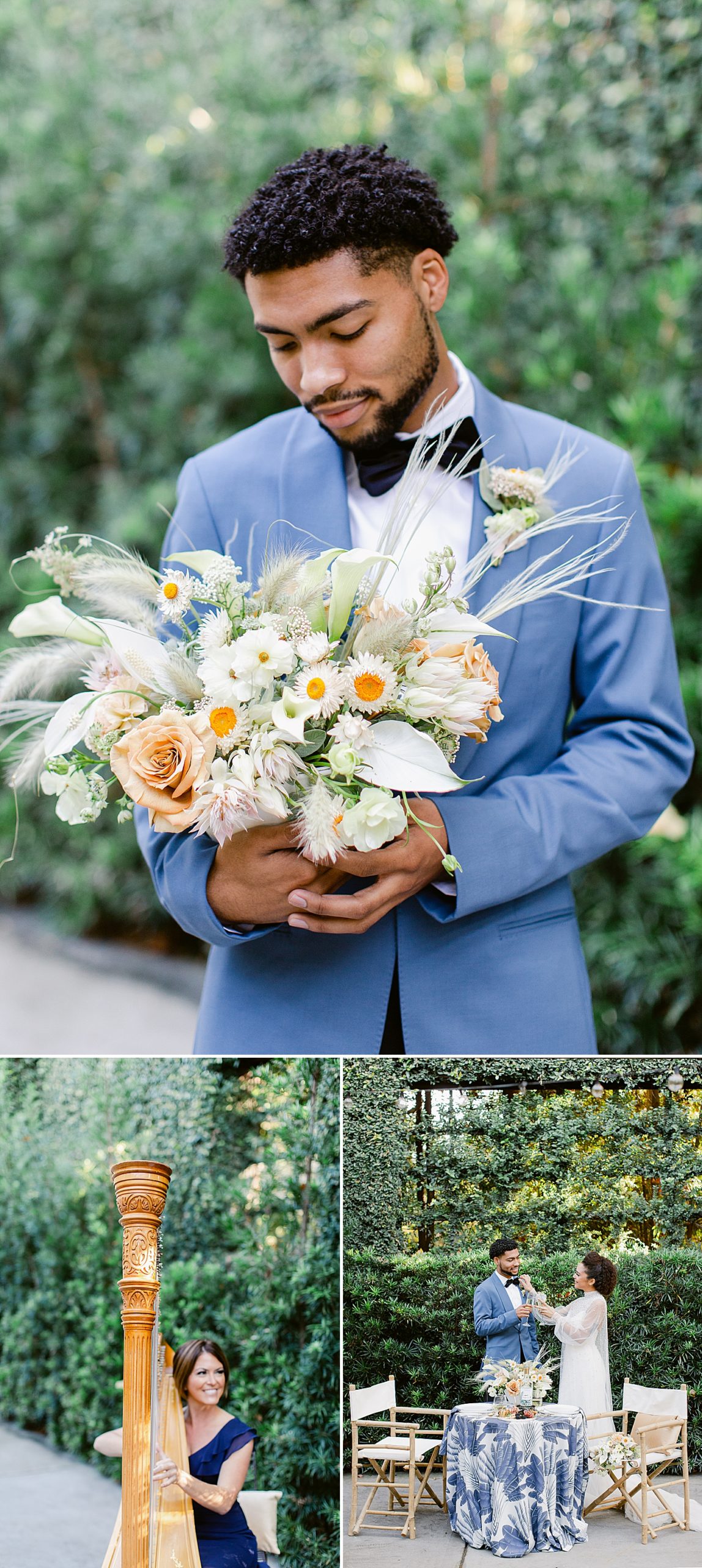 Groom holding a bridal bouquet 