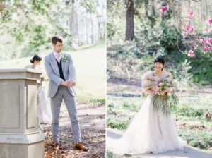 Bride in a lace ballgown from BHLDN in Atlanta with a fur shawl