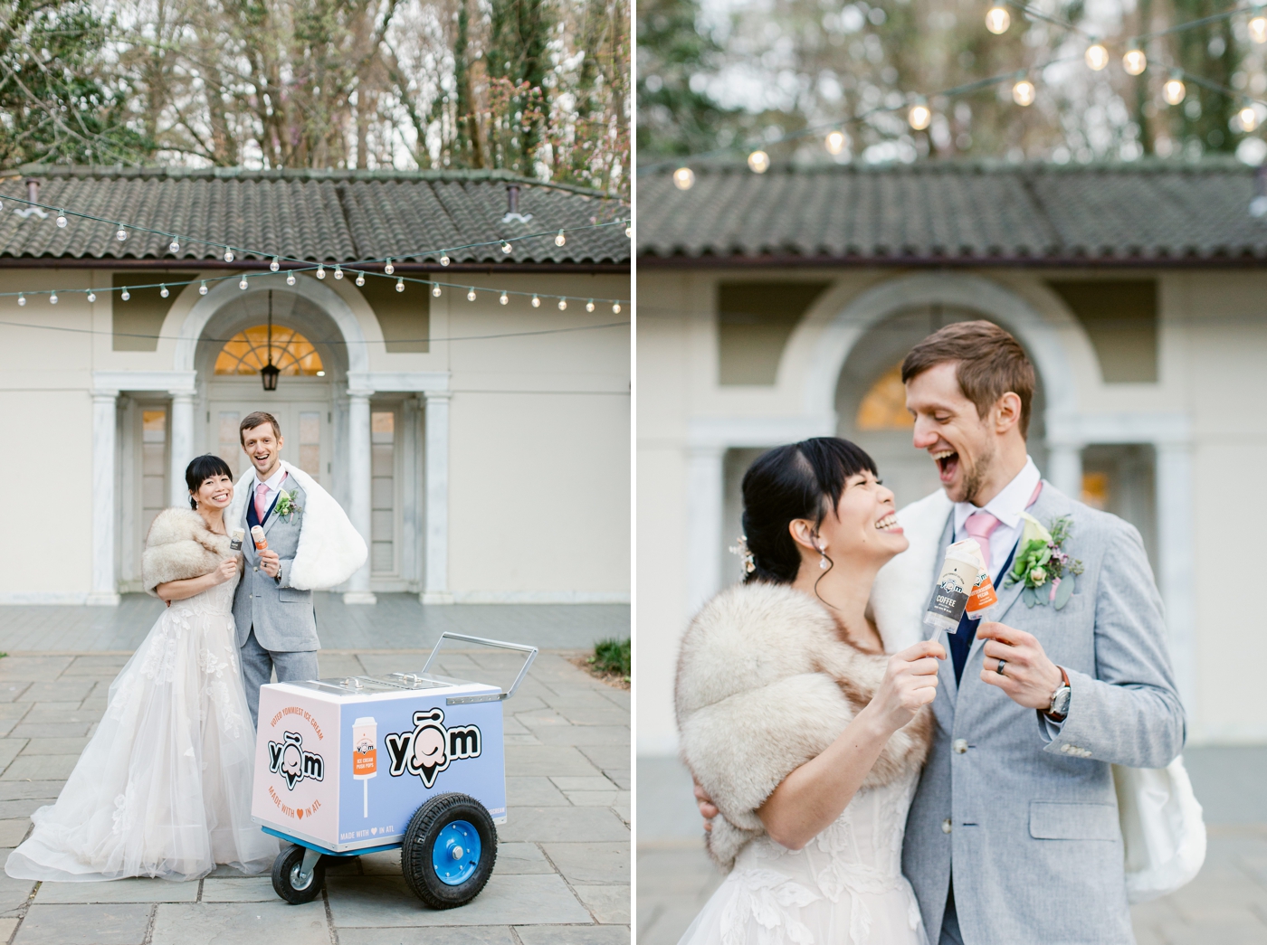 Bride and groom eating Yom ice cream at their wedding