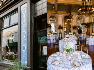 Blue chintz floral table linens and gold chairs at Garibaldi's