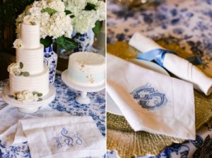 Blue chintz floral table linens and gold chairs at Garibaldi's