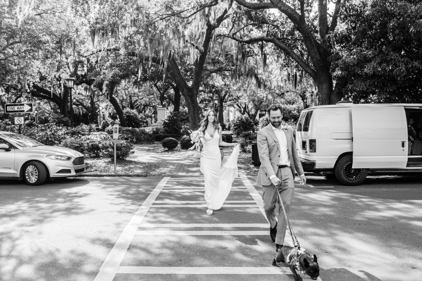 Bride and groom portraits with their French Bulldog in downtown Savannah