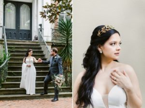 Bride and groom first look in Downtown Savannah