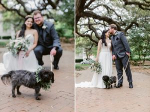 Bride and groom with their flower girl pup