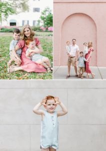 Family portraits in front of Olde Pink House