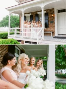 Blush chiffon bridesmaids dress with white tulip bouquets