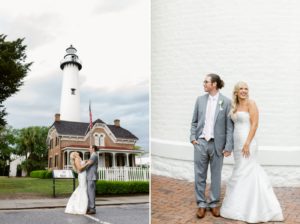 bride and groom portraits on St. Simons Island Lighthouse lawn
