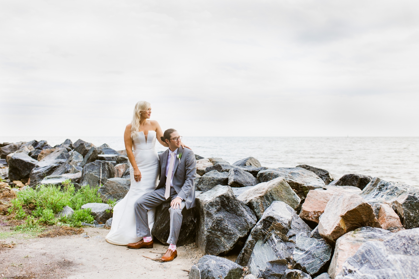 bride and groom portraits on St. Simons Island Lighthouse lawn