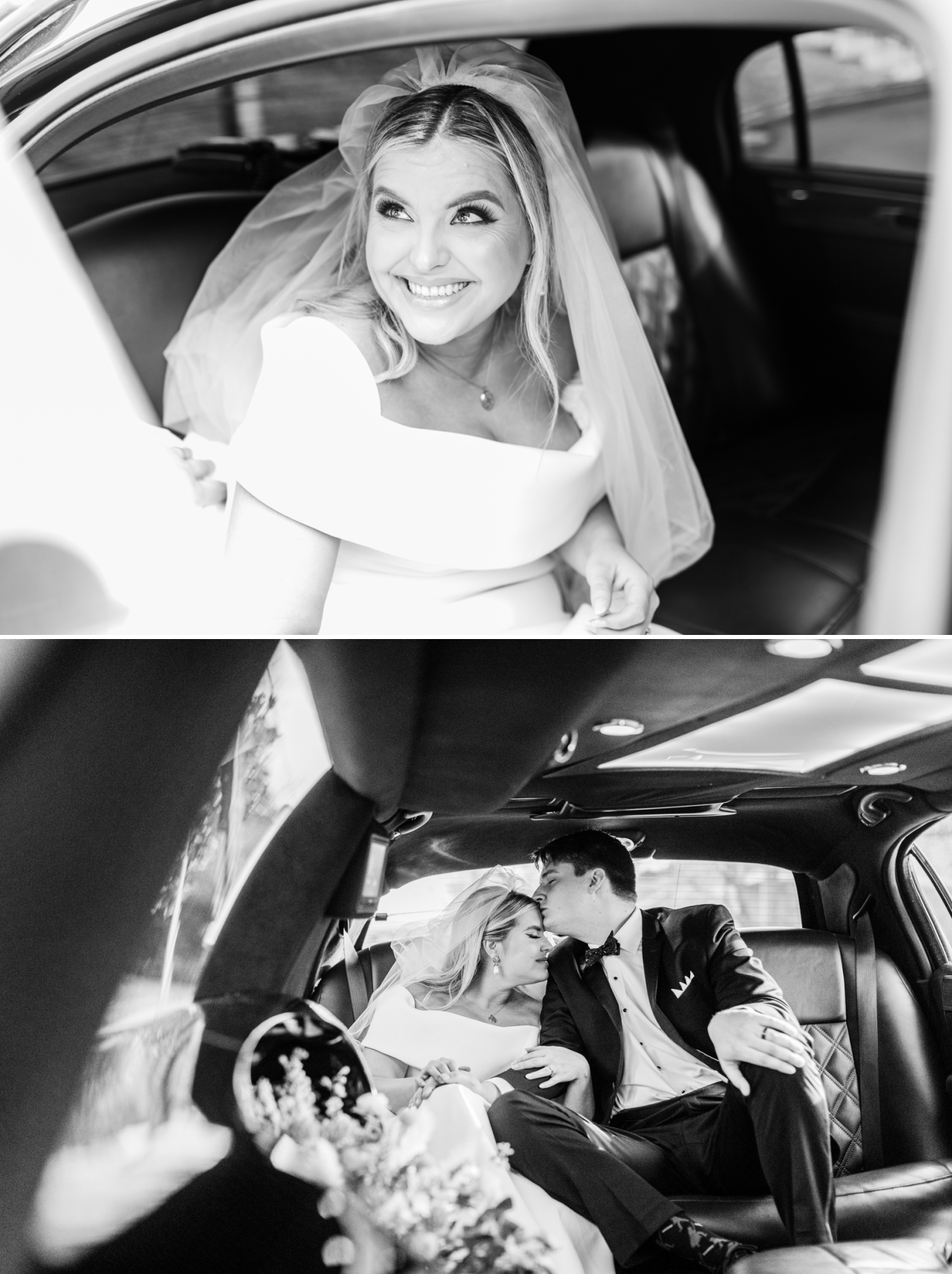 bride and groom portraits in car on way to winter weddin