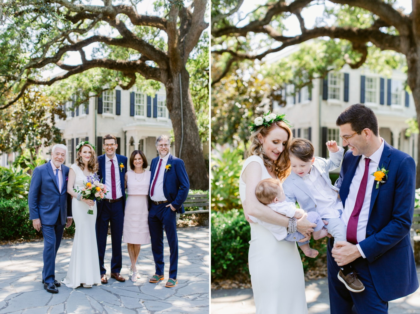 Bride and groom with their two sons for a Savannah wedding