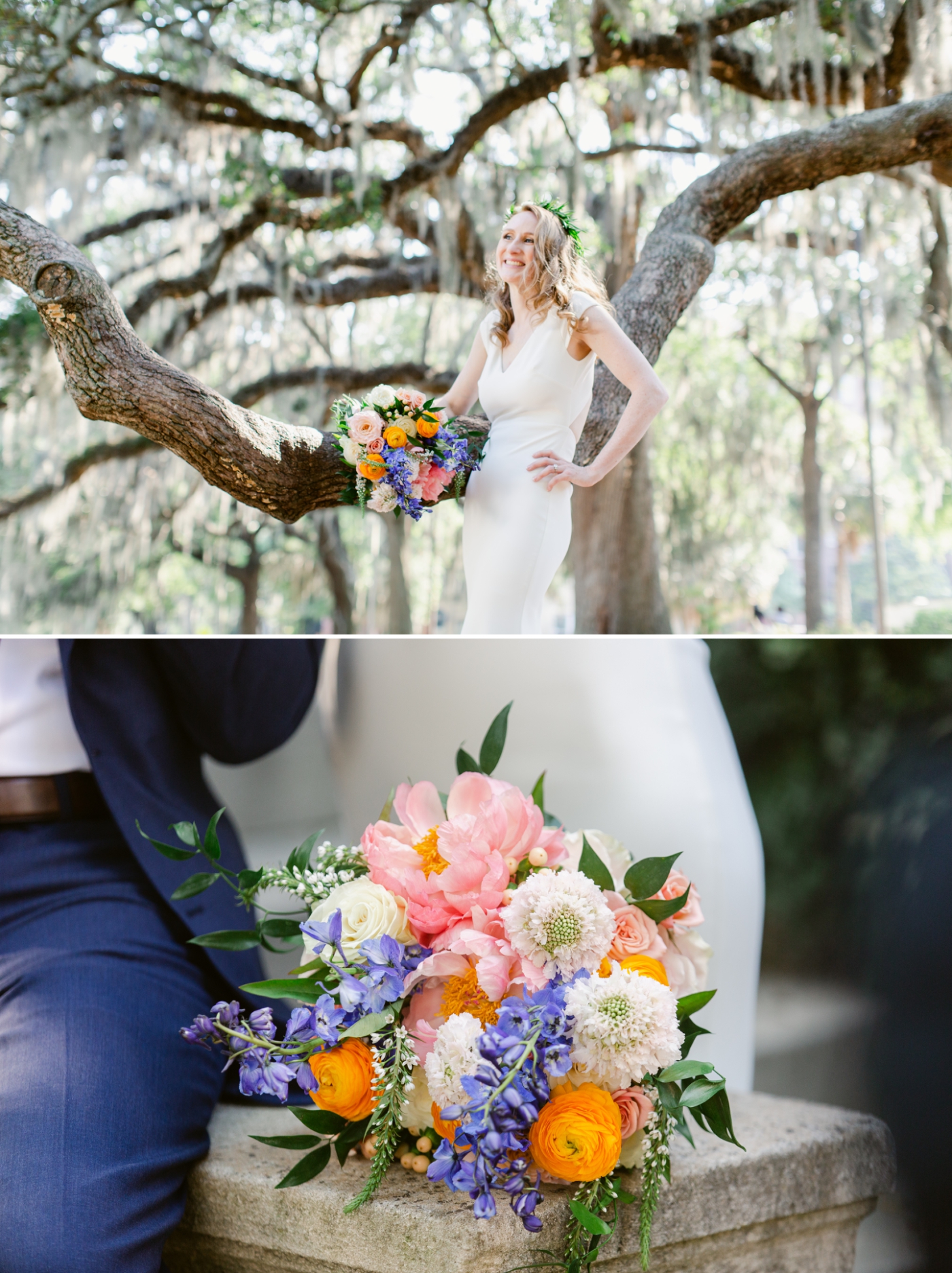 Bride with a colorful bridal bouquet by Harvey Designs