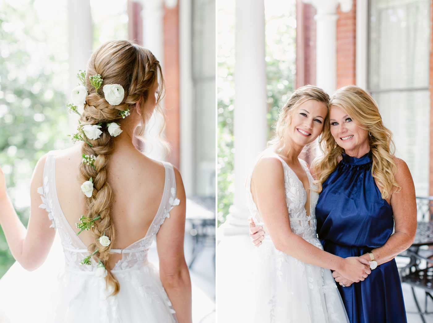 Bride with a soft braid and fresh flowers in her hair