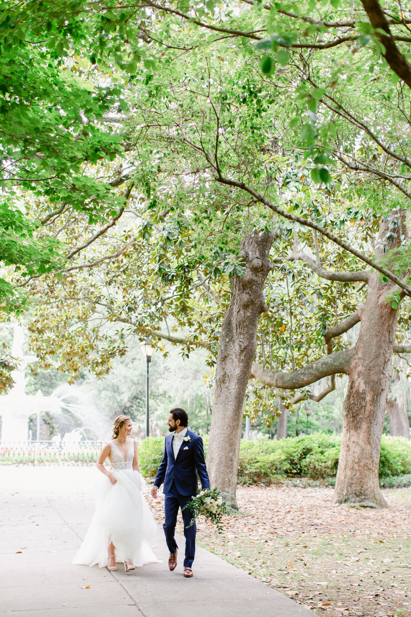 Bride and groom portraits in Forsyth Park