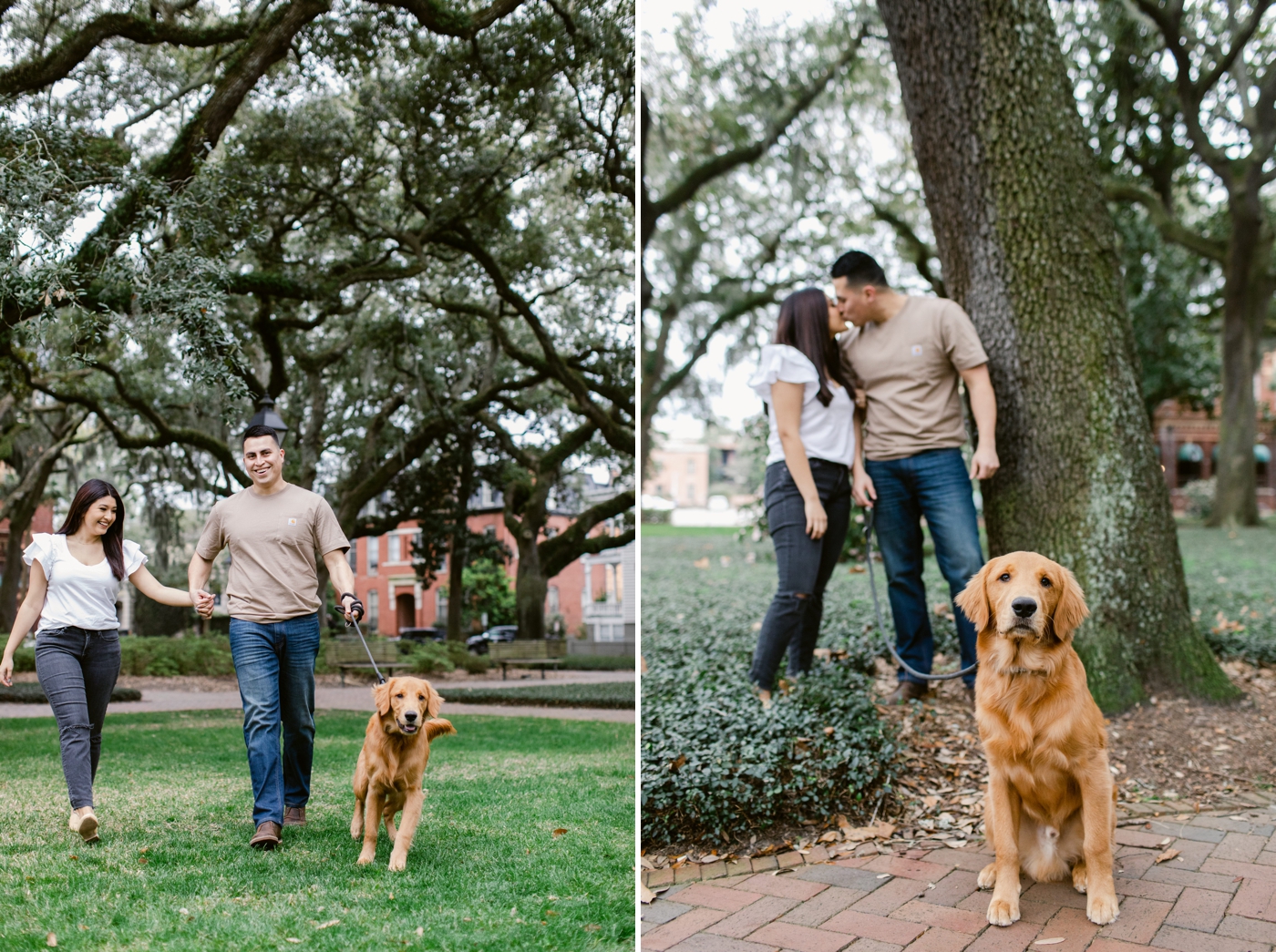 Couples session in Savannah with their Golden Retriever