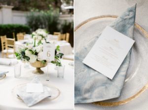 gold foiled wedding menu with blue linen