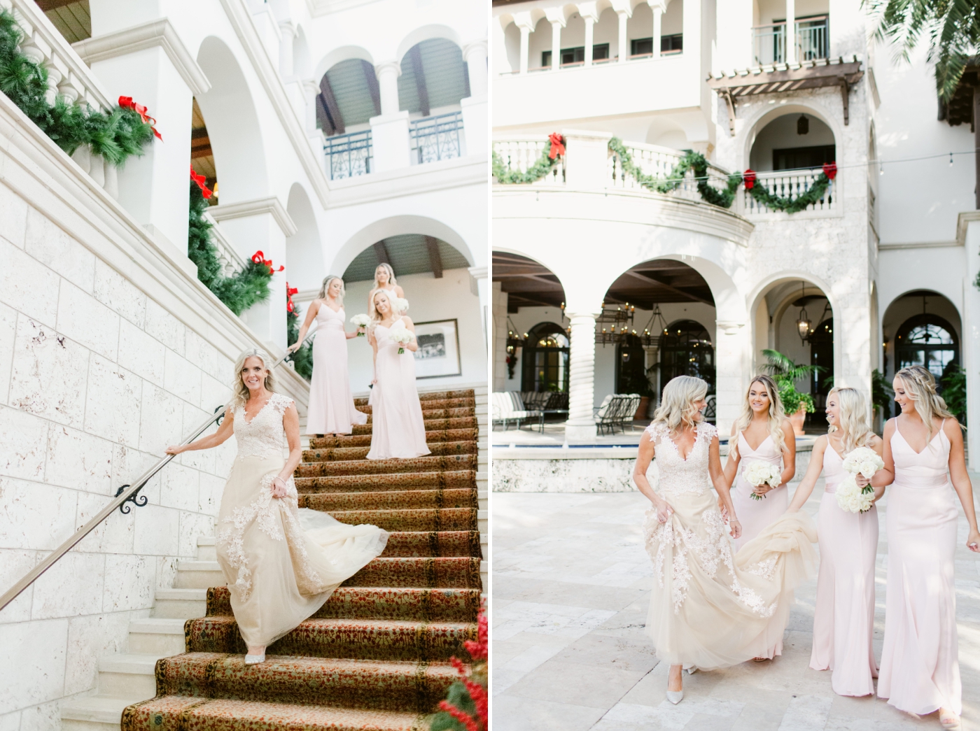 bridesmaids in blush chiffon gowns