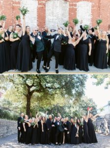 Bridal party in all black attire for a Savannah wedding