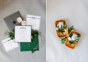 Emerald green wedding invitations flatlay
