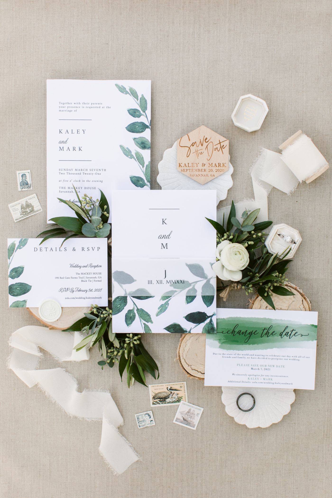 white and green wedding stationery