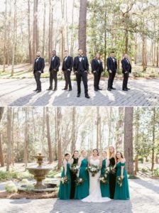 groomsmen in navy blue and bridesmaids in green