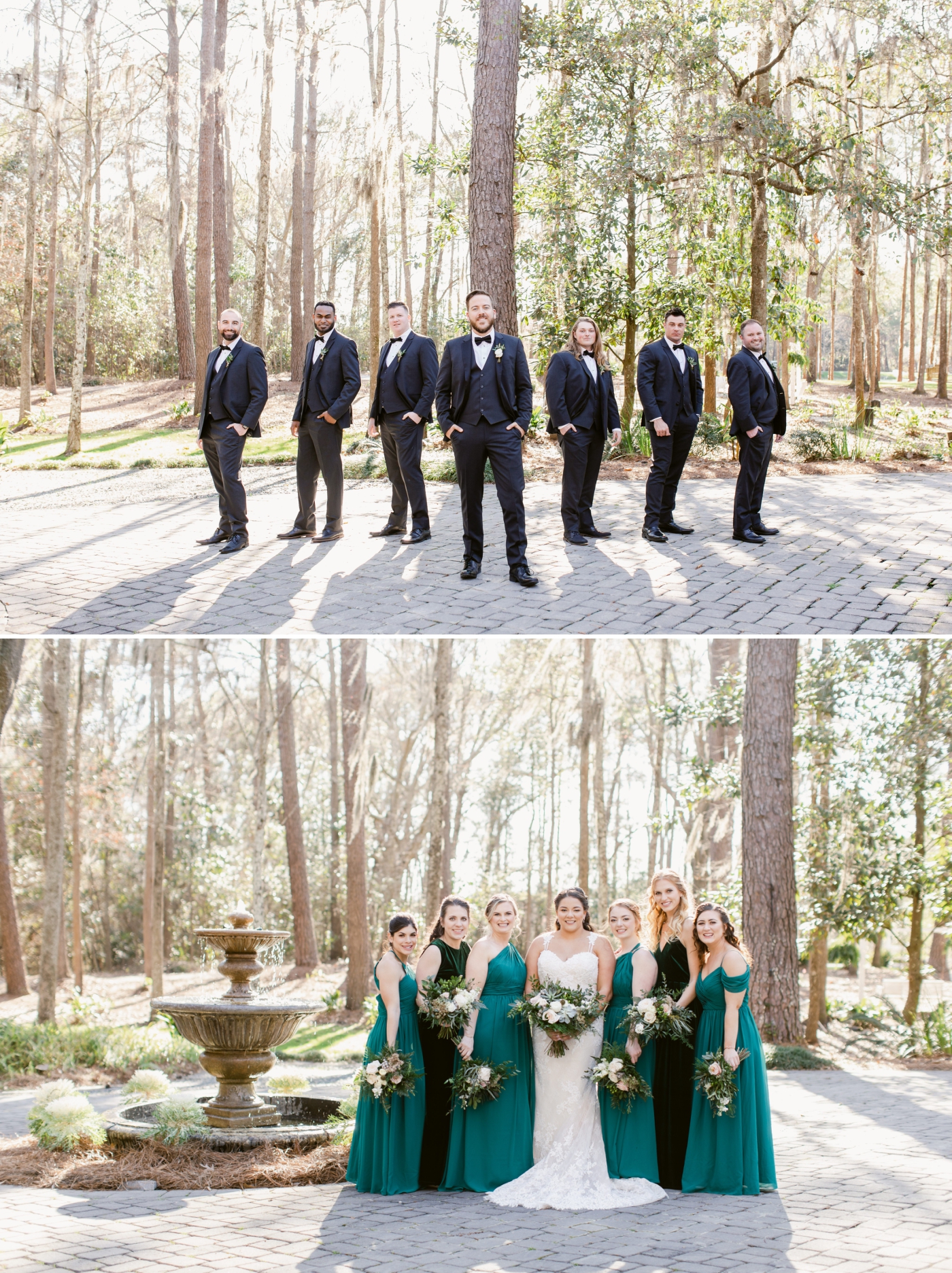 groomsmen in navy blue and bridesmaids in green 