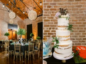Three tier wedding cake with wedding reception detail shot